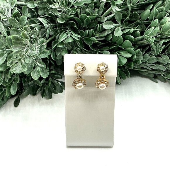 Vintage Gold-Tone Faux Pearl and Rhinestone Dangle Earrings - Picture 7 of 8